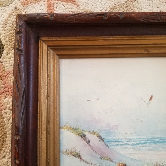 Vintage Painting Child On Beach in Antique Wood Frame w/Glass - Picture 3 of 9